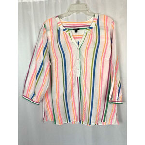 Talbots Blouse Shirt Womens Large Vertical Stripes 3/4 Sleeves Multicolor